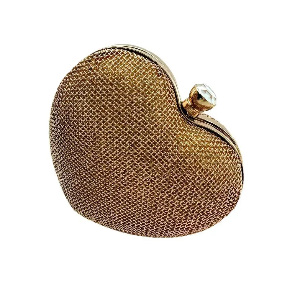 Heart Shaped Clutch Bag Gold Mesh Crossbody Small Evening Bag